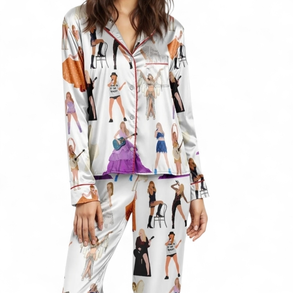 Taylor Swift SheShow Satin Pajama Set Wmn XL Lover Era White Colorful Sleepwear